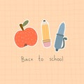 Back to school. Cartoon set for children with thematic elements, hand drawing lettering. Colorful vector illustration, flat style. Royalty Free Stock Photo